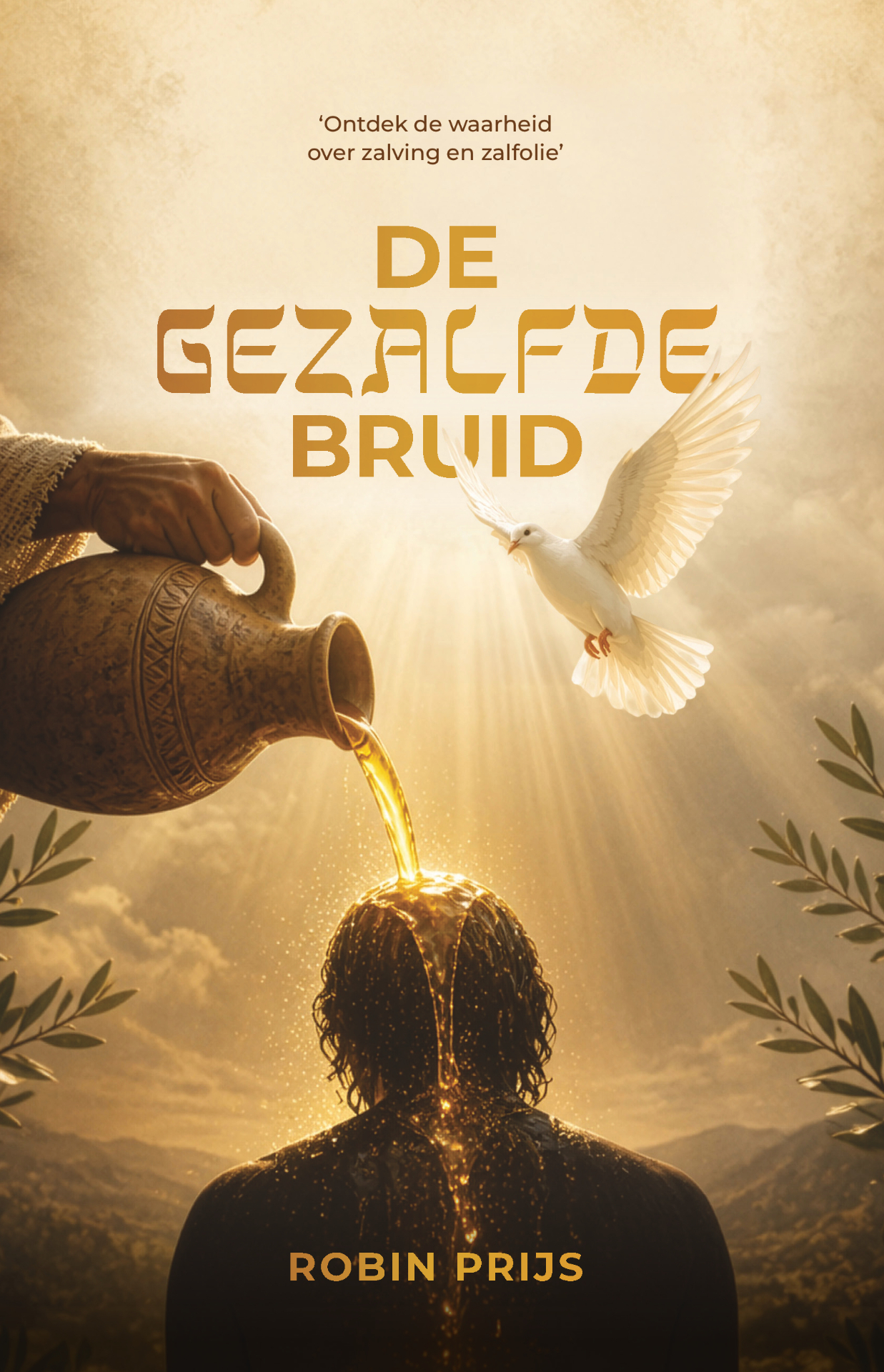 Cover van De Gezalfde Bruid — gouden zalfolie wordt uit een kruik uitgegoten over een gebogen hoofd, met een neerdalende witte duif.